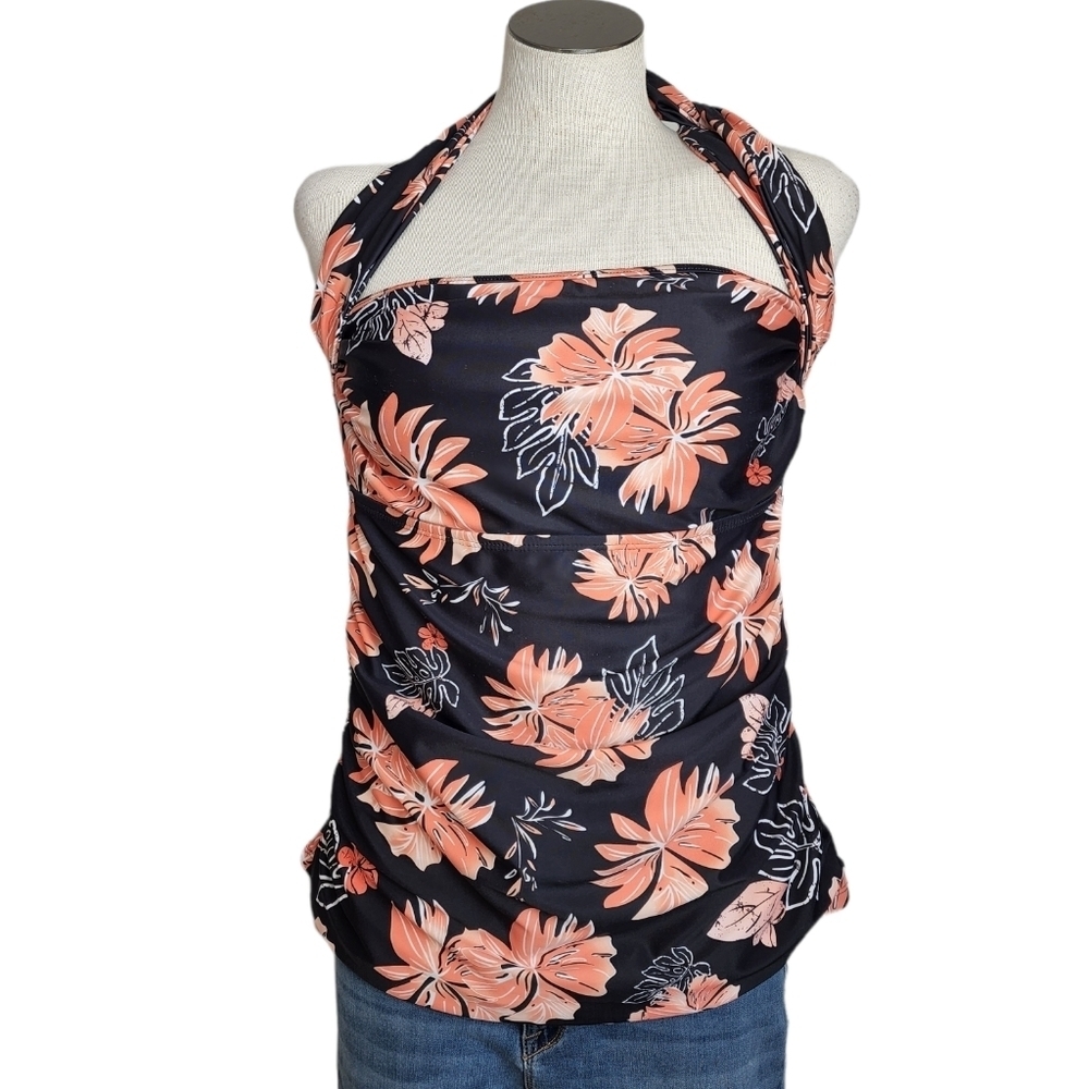 Tropical Print  Black & Peach Ribbed Texture Halter Women's Tankini Size L